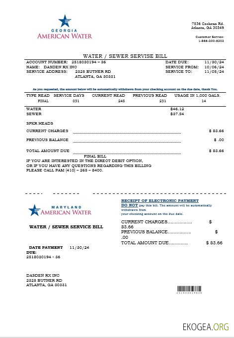 Modèle de facture de services publics d'entreprise USA Maryland Georgia Water aux formats Word et PDF